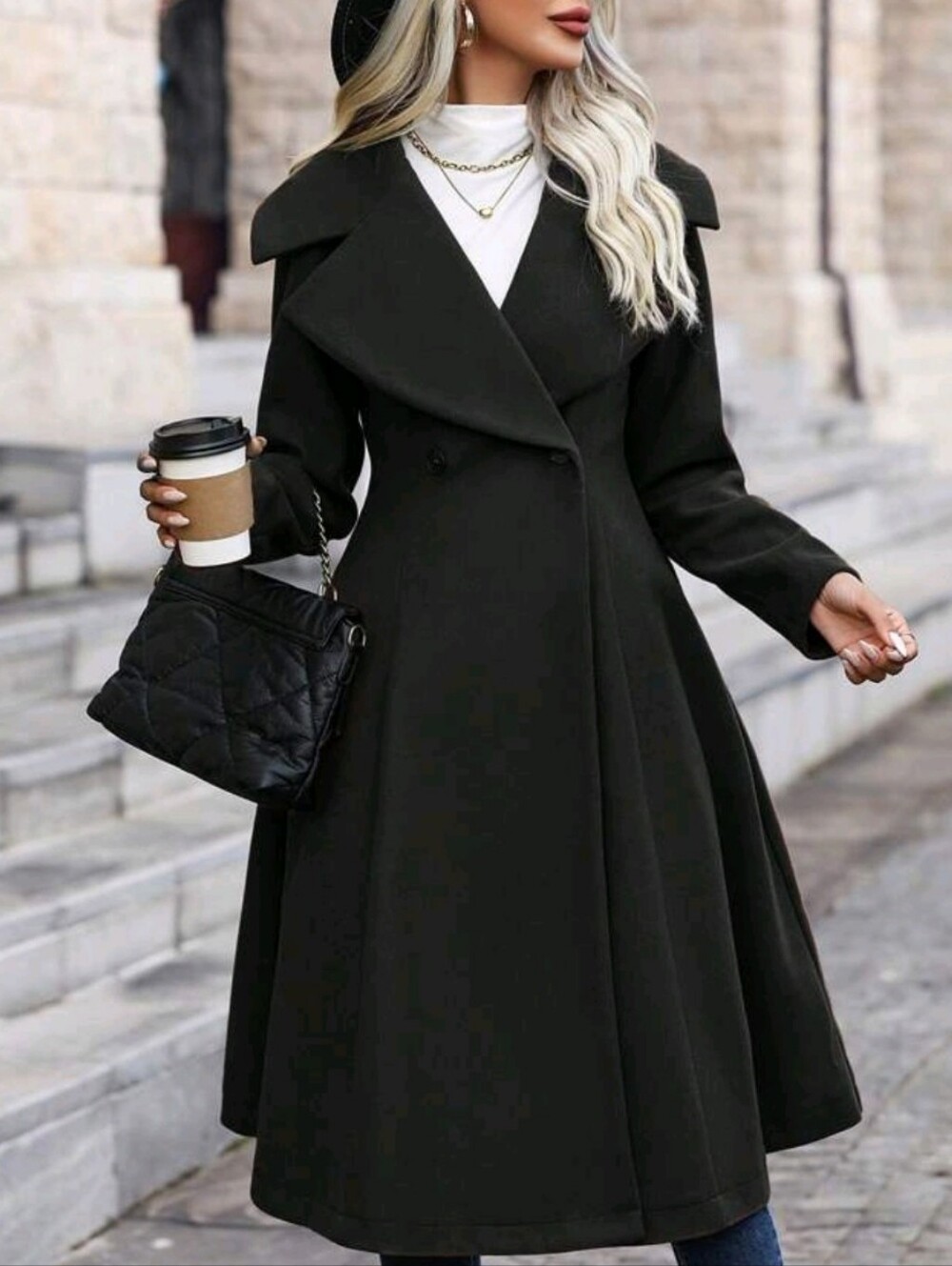 Elegant Black A-Line Wool Coat